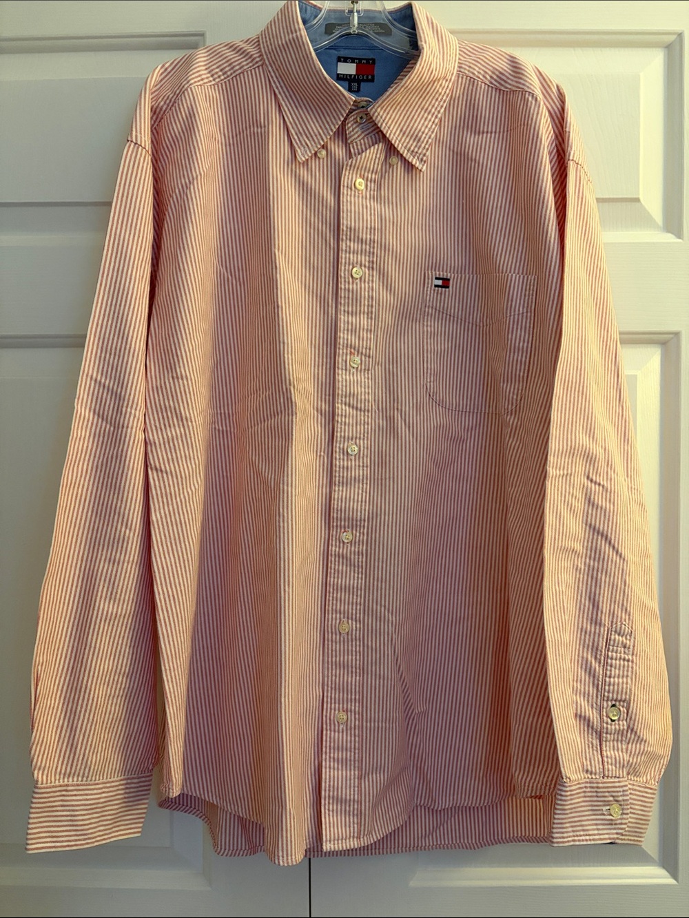Tommy Hilfiger Men’s Red and White Thin-Striped Dress Shirt